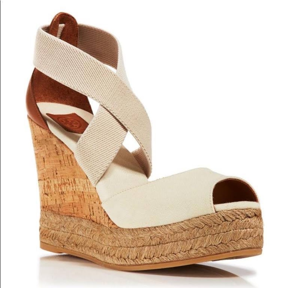 Tory Burch Ivory Peep-Toe Cork Wedge